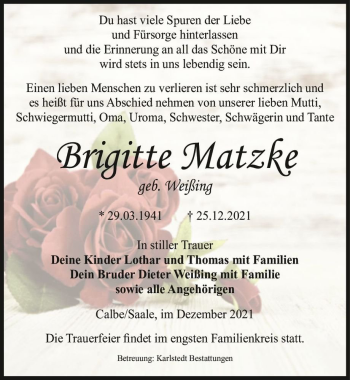 Traueranzeige von Brigitte Matzke (geb. Weißing)  von Magdeburger Volksstimme