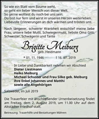 Traueranzeige von Brigitte Meiburg (geb. Heidmann)  von Magdeburger Volksstimme