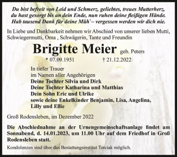 Traueranzeige von Brigitte Meier (geb. Peters)  von Magdeburger Volksstimme