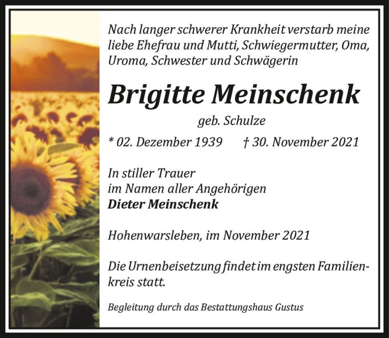 Traueranzeige für Brigitte Meinschenk (geb. Schulze)  vom 04.12.2021 aus Magdeburger Volksstimme