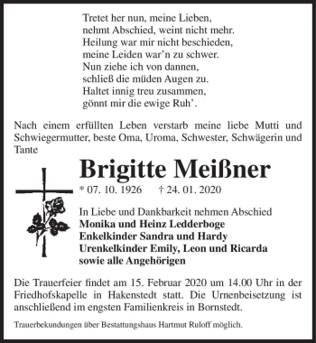 Traueranzeige von Brigitte Meißner  von Magdeburger Volksstimme