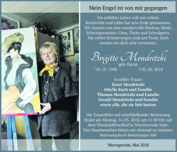 Traueranzeige von Brigitte Mendritzki (geb. Dunst)  von Magdeburger Volksstimme