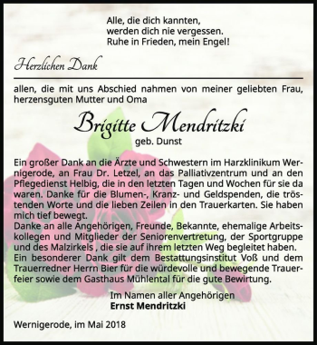 Traueranzeige von Brigitte Mendritzki (geb. Dunst)  von Magdeburger Volksstimme