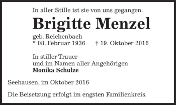 Traueranzeige von Brigitte Menzel (geb. Lehmann)  von Magdeburger Volksstimme