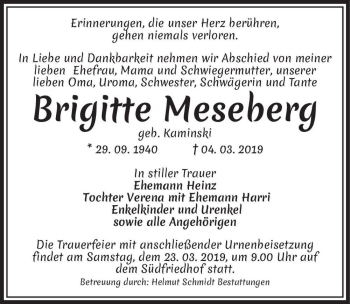 Traueranzeige von Brigitte Meseberg (geb. Kaminski)  von Magdeburger Volksstimme