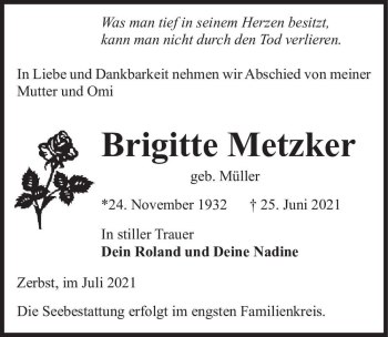 Traueranzeige von Brigitte Metzker (geb. Müller)  von Magdeburger Volksstimme