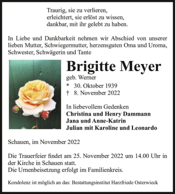 Traueranzeige von Brigitte Meyer (geb. Werner)  von Magdeburger Volksstimme