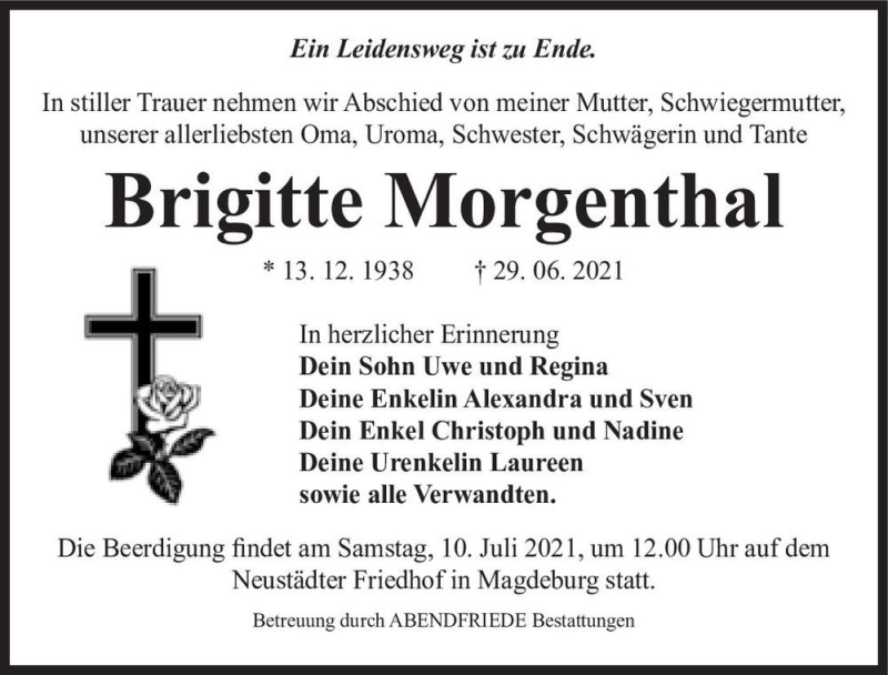  Traueranzeige für Brigitte Morgenthal  vom 03.07.2021 aus Magdeburger Volksstimme