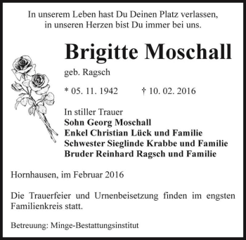 Traueranzeige von Brigitte Moschall (geb. Ragsch)  von Magdeburger Volksstimme