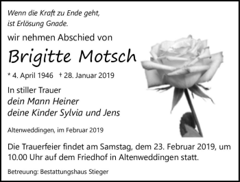 Traueranzeige von Brigitte Motsch  von Magdeburger Volksstimme
