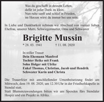 Traueranzeige von Brigitte Mussin  von Magdeburger Volksstimme