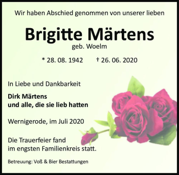 Traueranzeige von Brigitte Märtens (geb. Woelm)  von Magdeburger Volksstimme