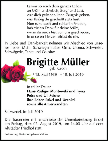 Traueranzeige von Brigitte Müller (geb. Groth)  von Magdeburger Volksstimme
