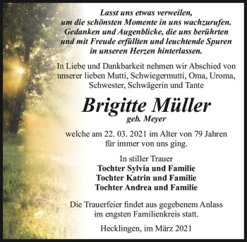 Traueranzeige von Brigitte Müller (geb. Meyer)  von Magdeburger Volksstimme