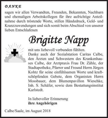 Traueranzeige von Brigitte Napp  von Magdeburger Volksstimme
