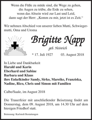 Traueranzeige von Brigitte Napp (geb. Heinrich)  von Magdeburger Volksstimme
