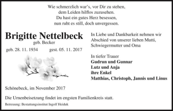 Traueranzeige von Brigitte Nettelbeck (geb. Becker)  von Magdeburger Volksstimme