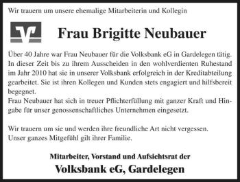 Traueranzeige von Brigitte Neubauer  von Magdeburger Volksstimme