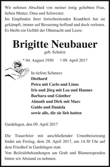 Traueranzeige von Brigitte Neubauer (geb. Schulze)  von Magdeburger Volksstimme