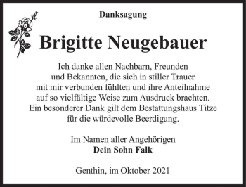 Traueranzeige von Brigitte Neugebauer  von Magdeburger Volksstimme