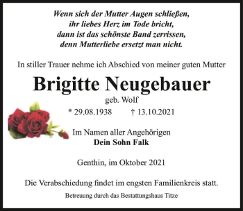 Traueranzeige von Brigitte Neugebauer (geb. Wolf)  von Magdeburger Volksstimme