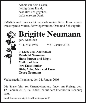 Traueranzeige von Brigitte Neumann (geb. Knobloch)  von Magdeburger Volksstimme