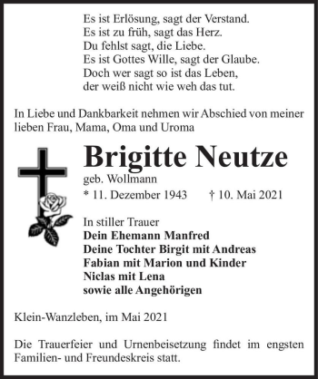 Traueranzeige von Brigitte Neutze (geb. Wollmann)  von Magdeburger Volksstimme