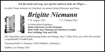 Traueranzeige von Brigitte Niemann  von Magdeburger Volksstimme