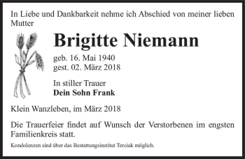 Traueranzeige von Brigitte Niemann  von Magdeburger Volksstimme