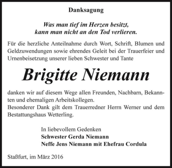 Traueranzeige von Brigitte Niemann  von Magdeburger Volksstimme