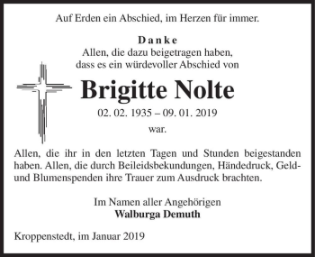 Traueranzeige von Brigitte Nolte  von Magdeburger Volksstimme