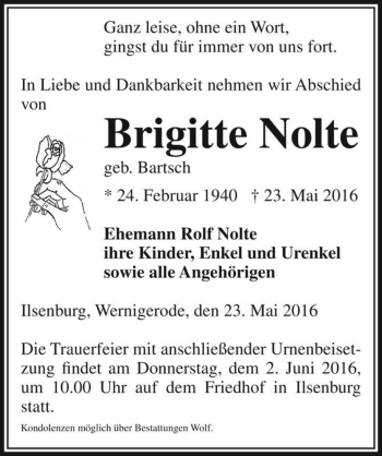 Traueranzeige von Brigitte Nolte (geb. Bartsch)  von Magdeburger Volksstimme