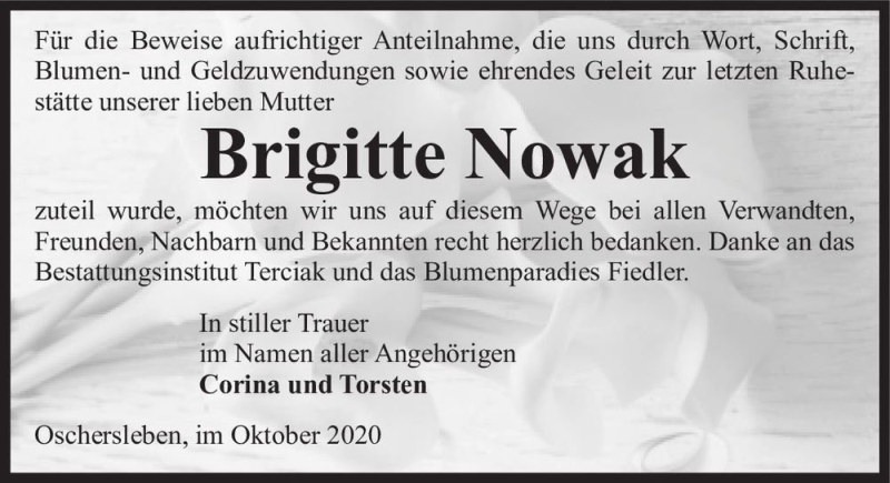  Traueranzeige für Brigitte Nowak  vom 24.10.2020 aus Magdeburger Volksstimme