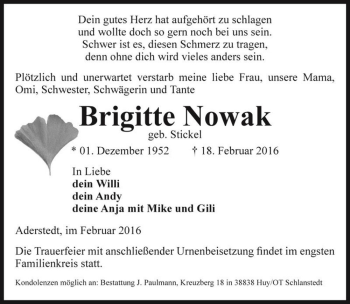 Traueranzeige von Brigitte Nowak (geb. Stickel)  von Magdeburger Volksstimme