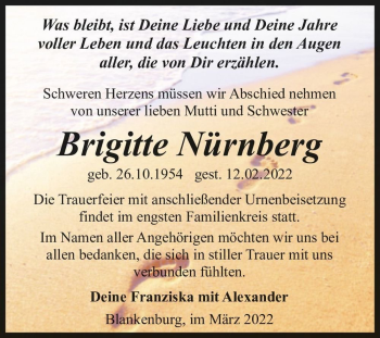 Traueranzeige von Brigitte Nürnberg  von Magdeburger Volksstimme