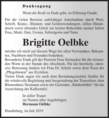 Traueranzeige von Brigitte Oelbke  von Magdeburger Volksstimme