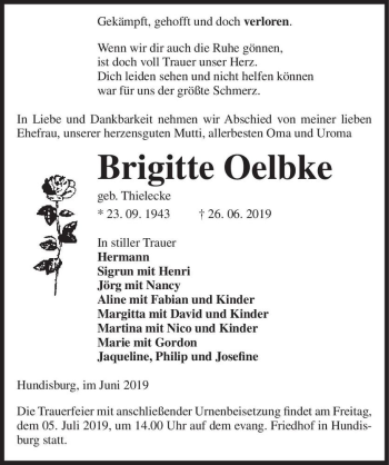 Traueranzeige von Brigitte Oelbke (geb. Thielecke)  von Magdeburger Volksstimme