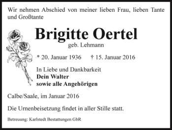 Traueranzeige von Brigitte Oertel (geb. Lehmann)  von Magdeburger Volksstimme