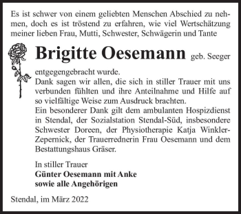 Traueranzeige von Brigitte Oesemann (geb. Seeger)  von Magdeburger Volksstimme