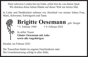 Traueranzeige von Brigitte Oesemann (geb. Seeger)  von Magdeburger Volksstimme