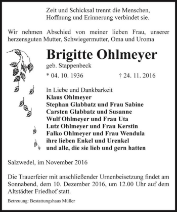 Traueranzeige von Brigitte Ohlmeyer (geb. Stappenbeck)  von Magdeburger Volksstimme