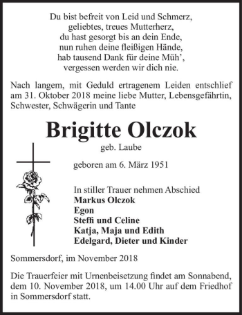 Traueranzeige von Brigitte Olczok (geb. Laube)  von Magdeburger Volksstimme