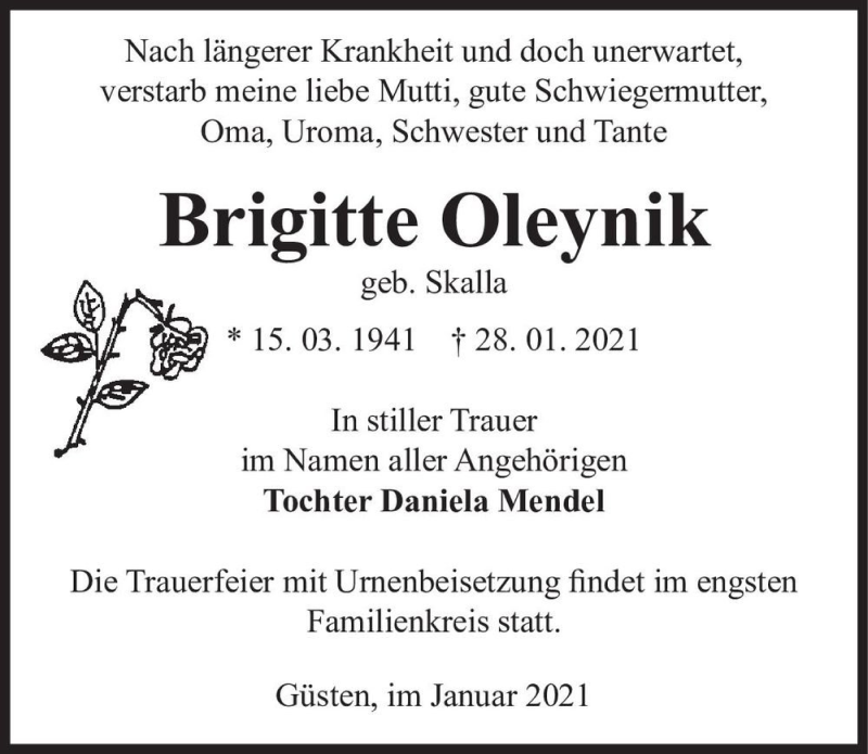  Traueranzeige für Brigitte Oleynik (geb. Skalla)  vom 06.02.2021 aus Magdeburger Volksstimme