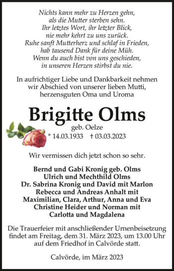 Traueranzeige von Brigitte Olms (geb. Oelze)  von Magdeburger Volksstimme