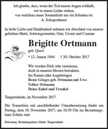 Traueranzeige von Brigitte Ortmann (geb. Quast)  von Magdeburger Volksstimme