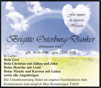 Traueranzeige von Brigitte Osterburg-Danker  von Magdeburger Volksstimme