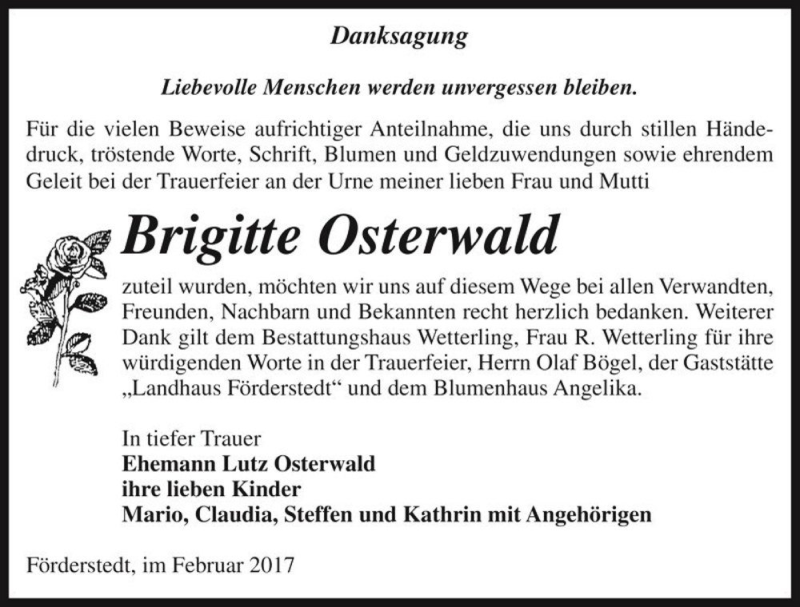  Traueranzeige für Brigitte Osterwald  vom 18.02.2017 aus Magdeburger Volksstimme