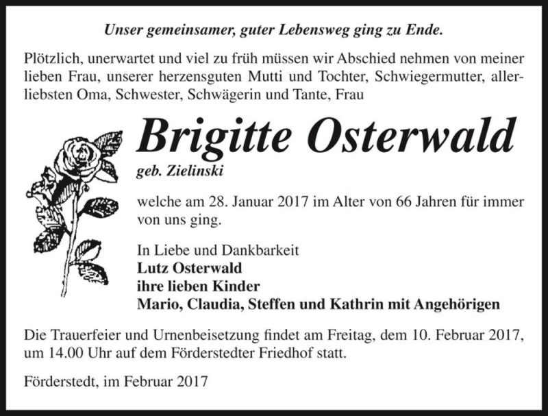  Traueranzeige für Brigitte Osterwald (geb. Zielinski)  vom 04.02.2017 aus Magdeburger Volksstimme