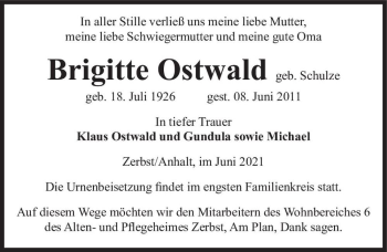 Traueranzeige von Brigitte Ostwald (geb. Schulze)  von Magdeburger Volksstimme