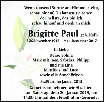 Traueranzeige von Brigitte Paul (geb. Kolb)  von Magdeburger Volksstimme